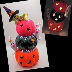 Whimsical Halloween Stacked Pumpkins with Gingerbread Witch & Ghosts